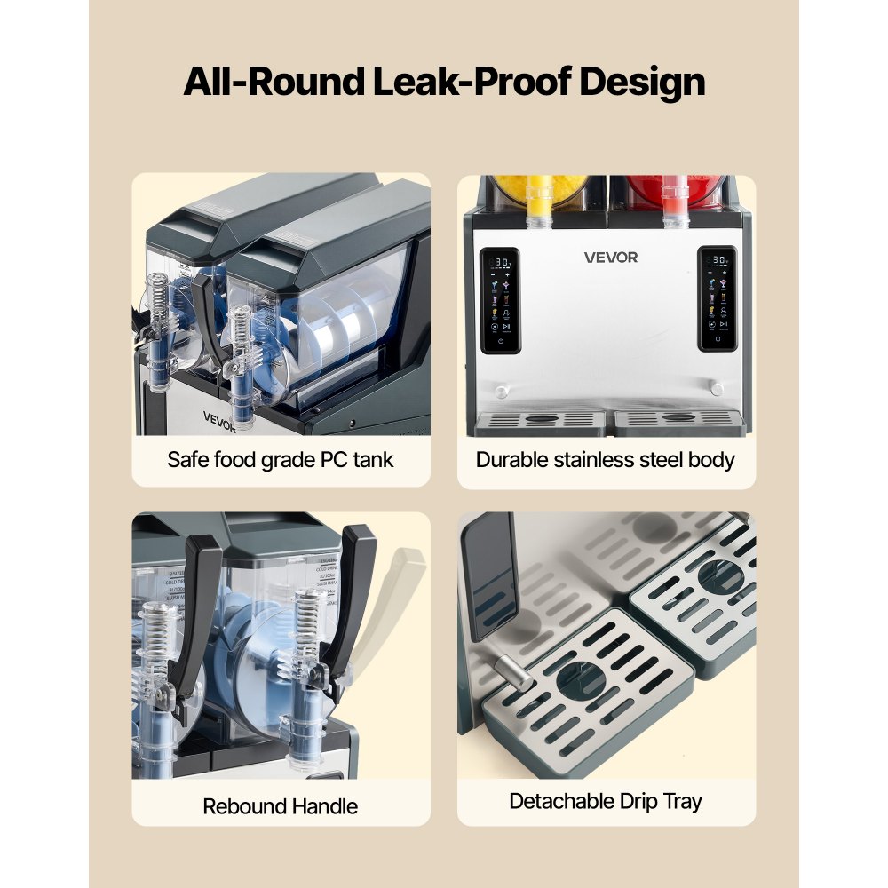 VEVOR Slushmachine 2 x 4 L, slush-ijsmaker 455 W (geen ijs nodig), elektrische margarita-machine met zelfreinigende functie, geschikt voor bevroren margarita's, frappés, milkshakes en shakes.