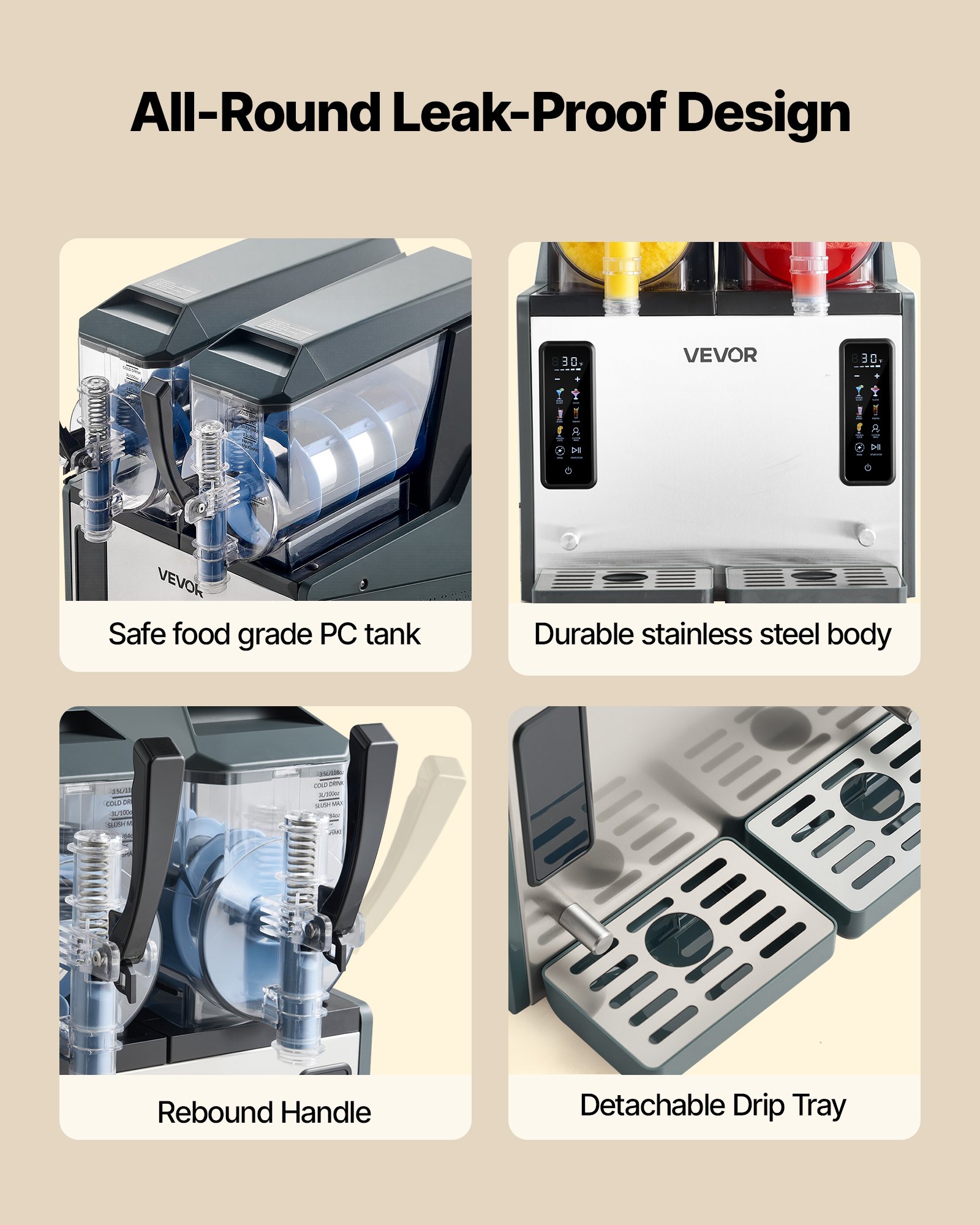 VEVOR Slushmachine 2 x 4 L, slush-ijsmaker 455 W (geen ijs nodig), elektrische margarita-machine met zelfreinigende functie, geschikt voor bevroren margarita's, frappés, milkshakes en shakes.