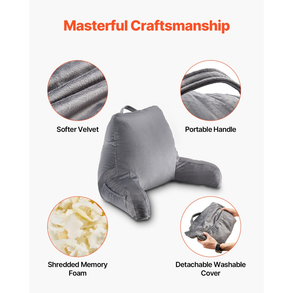 VEVOR Leeskussen Bedkussen in standaardmaat met versnipperd traagschuim, rugkussen met 3 zakken en wasbare korte fluwelen stof, bovenkant met handvat, voor tv kijken, lezen, gamen, grijs