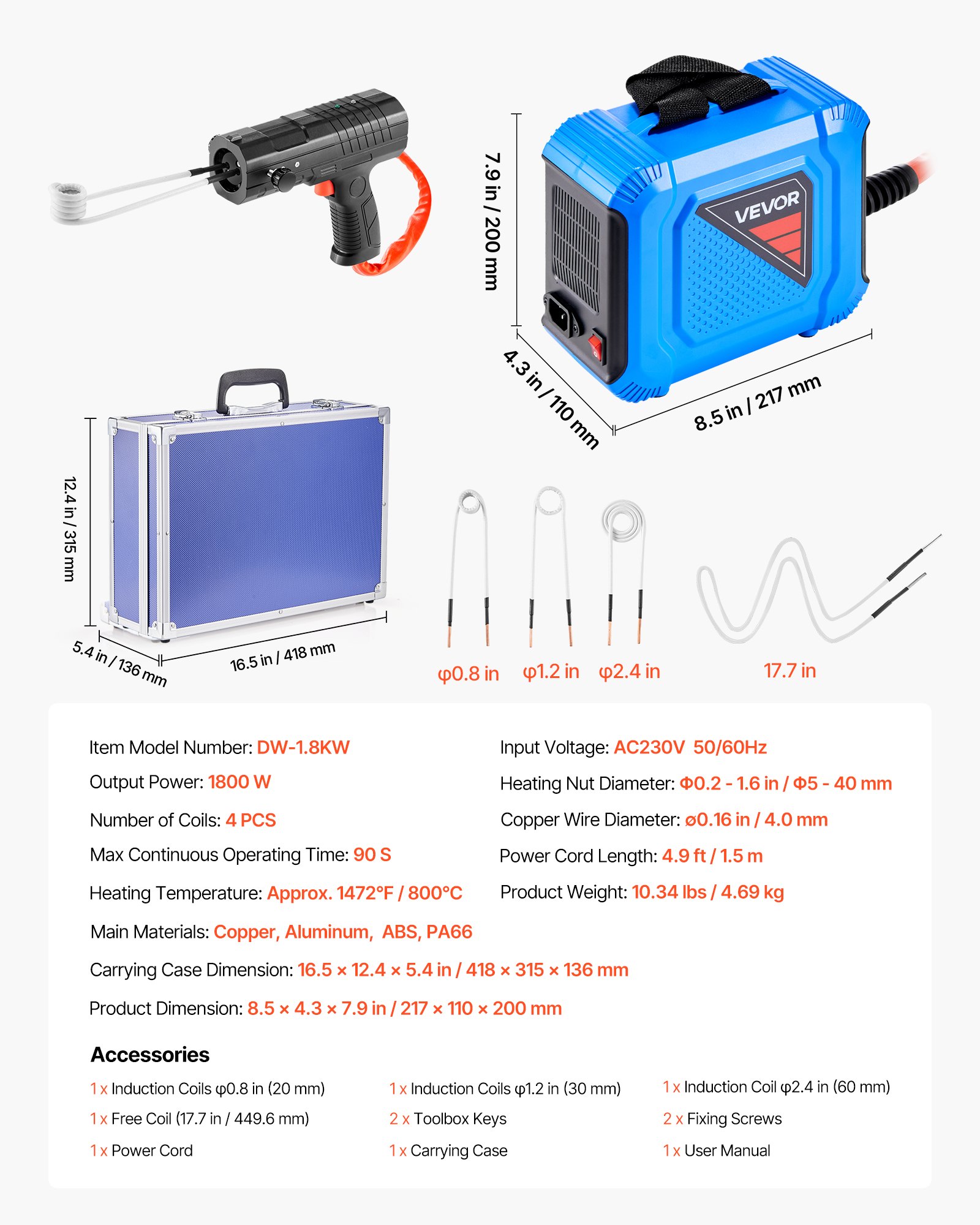 VEVOR Induction Heater Bolt Removal, 1800W 230V Magnetic Induction Heater Kit, Handheld Nut Buster Tool, Mini Heating Machine for Rusty Screw Removing, Car Garage Repairing Tools with 4 Coil and Box