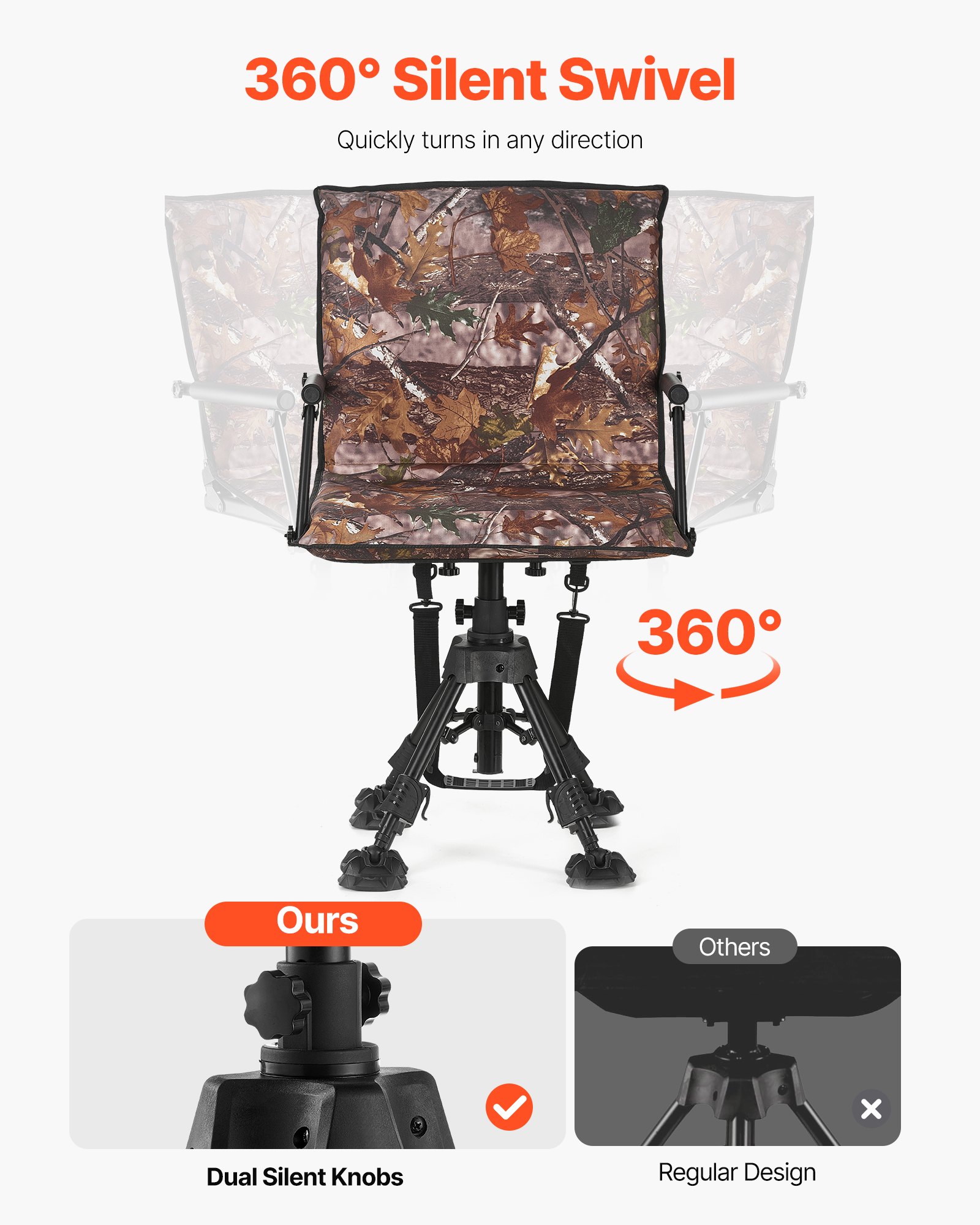 VEVOR Opvouwbare kampeerstoel, visstoel met armleuningen, in hoogte verstelbare opvouwbare tuinstoel (draagvermogen 158 kg), 360° stil draaibaar, 420-625 mm (zithoogte) voor picknicktuin buiten
