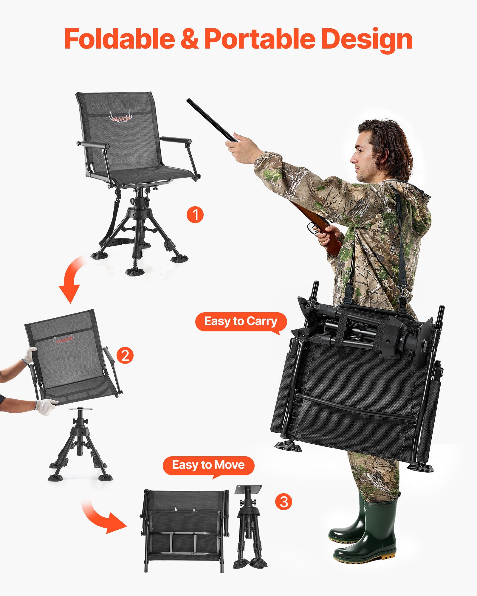 VEVOR Opvouwbare stoel Kampeerstoel Visstoel met armleuningen & stalen frame & verstelbare poten Opvouwbare stoel Tuinstoel (draagvermogen 158 kg) 360° Stil draaibaar, voor picknick Tuin Buiten Vissen