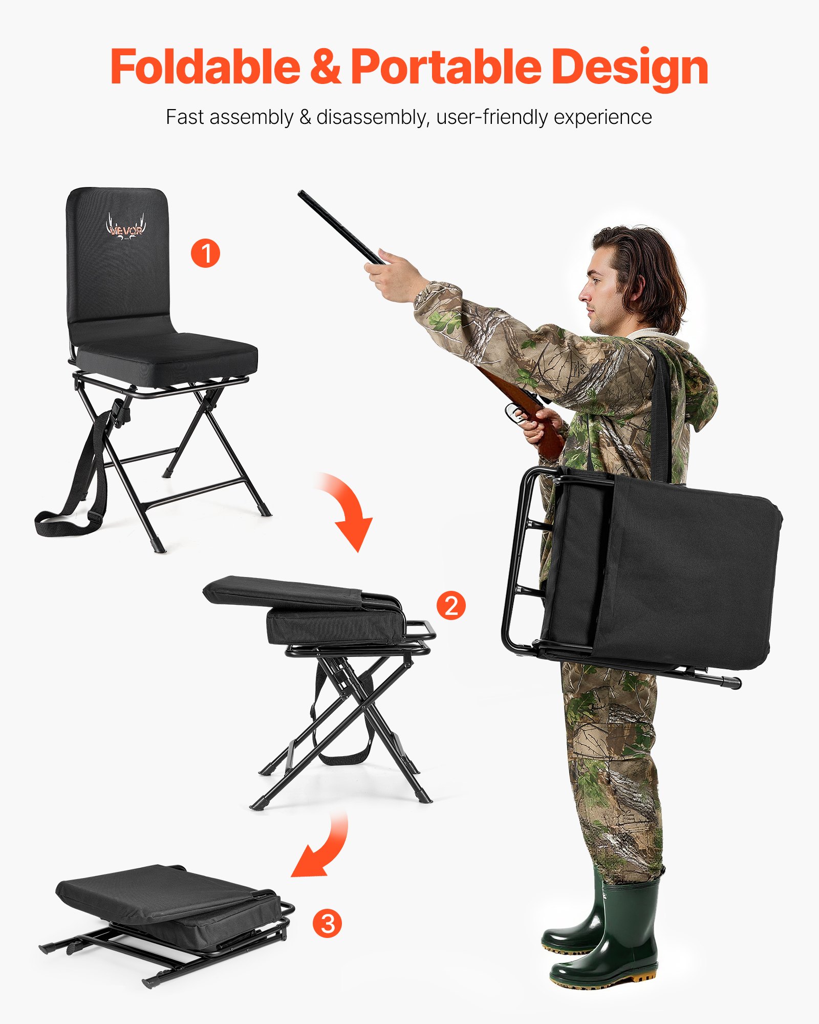 VEVOR Opvouwbare kampeerstoel, visstoel met rugleuning en verstelbare schouderriem, opvouwbare tuinstoel (draagvermogen 136 kg), 360° stille rotatie voor picknick, tuin, buiten, zwart