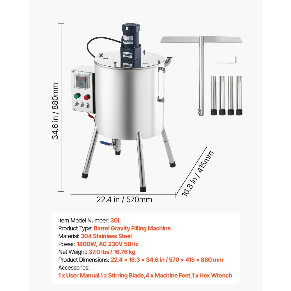 VEVOR elektrische vulmachine, flessenvulmachine met trechter van 30 liter, vulsysteem voor kaarsenwas en cosmetica, roestvrijstalen behuizing, verwarmings- en mengfunctie, temperatuurregeling, T-vormig mengmes