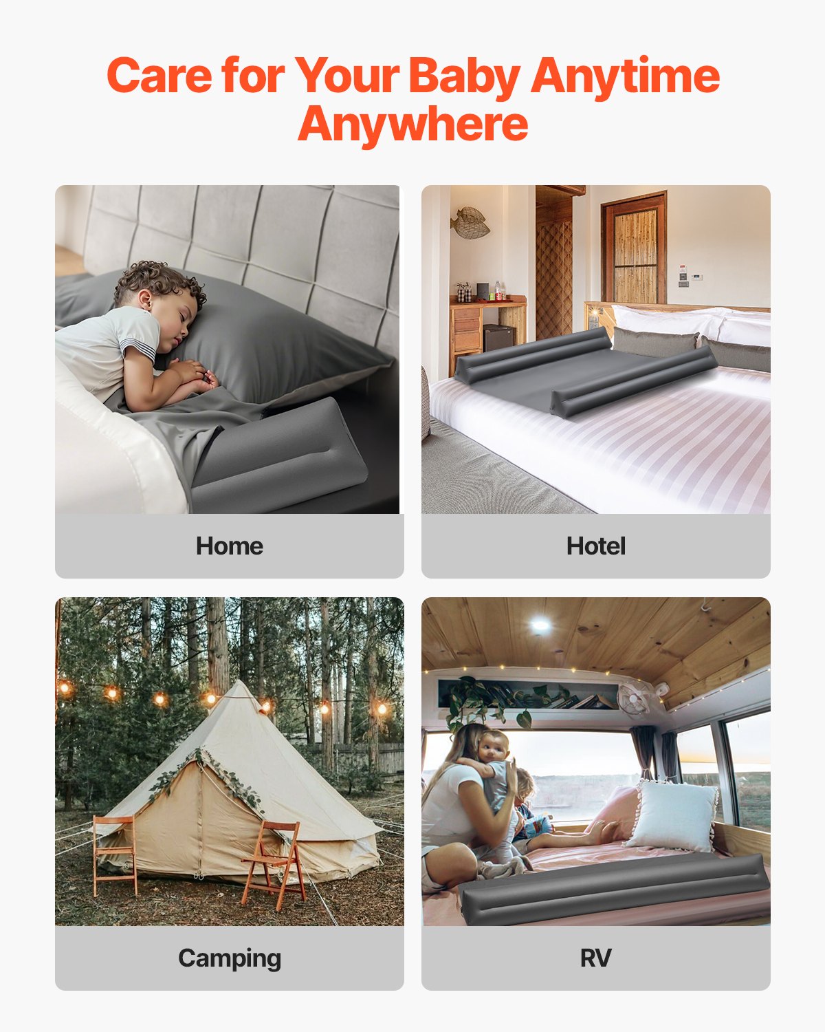 VEVOR Bed Bumper for Toddlers, 52-inch Inflatable Bed Guard Rail with Safety Flap, Non-Slip TPU Toddler Bedrail Bumper for Twin, Full, Queen King Beds, Lightweight & Portable for Home Travel (2 Packs)