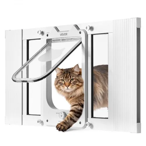 VEVOR Kattenluik/kattendeur, verstelbaar voor raambreedtes (584-711 mm), weerbestendig huisdierluik met 4 veilige vergrendelingsstanden, aluminium frame, helder glas en magnetische sluiting, wit