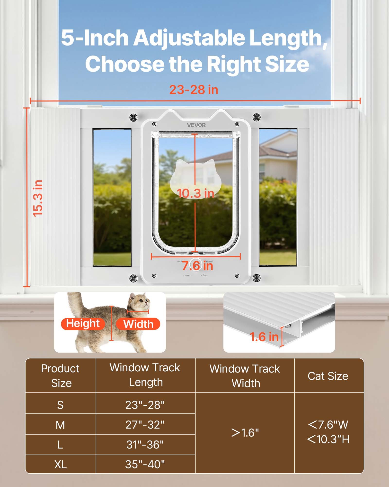 VEVOR Kattenluik/kattendeur, verstelbaar voor raambreedtes (584-711 mm), weerbestendig huisdierluik met 4 veilige vergrendelingsstanden, aluminium frame, helder glas en magnetische sluiting, wit
