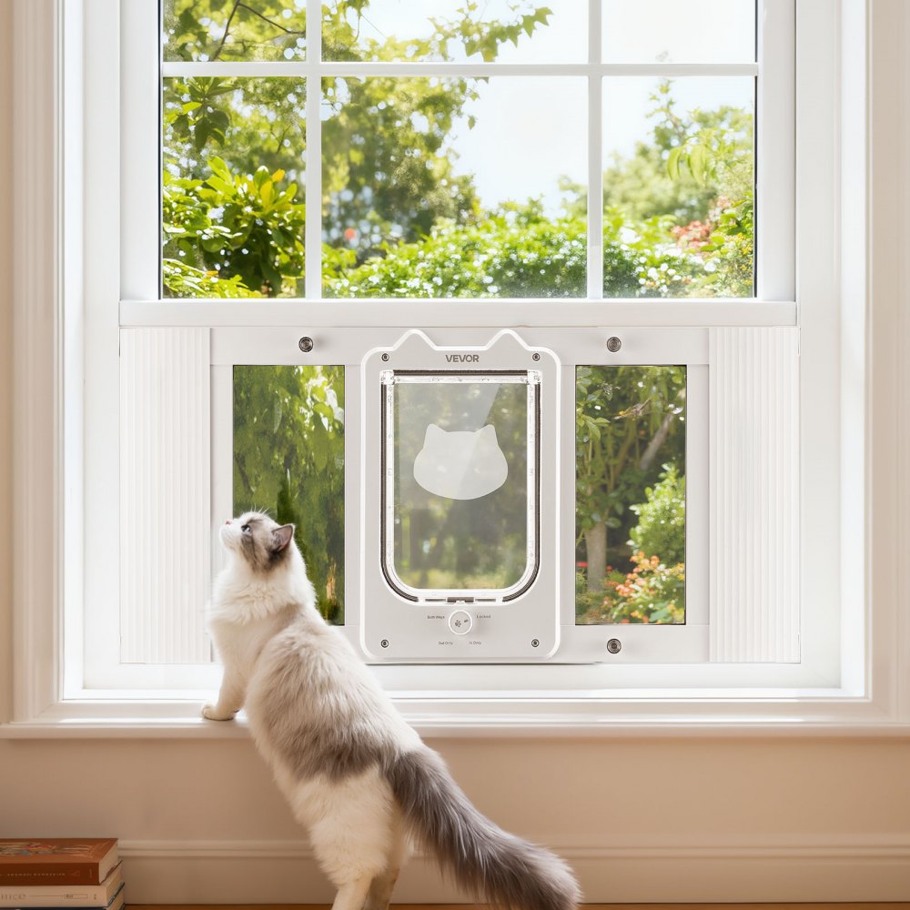 VEVOR Kattenluik/kattendeur, verstelbaar voor raambreedtes (686-813 mm), weerbestendig huisdierluik met 4 veilige vergrendelingsstanden, aluminium frame, helder glas en magnetische sluiting, wit