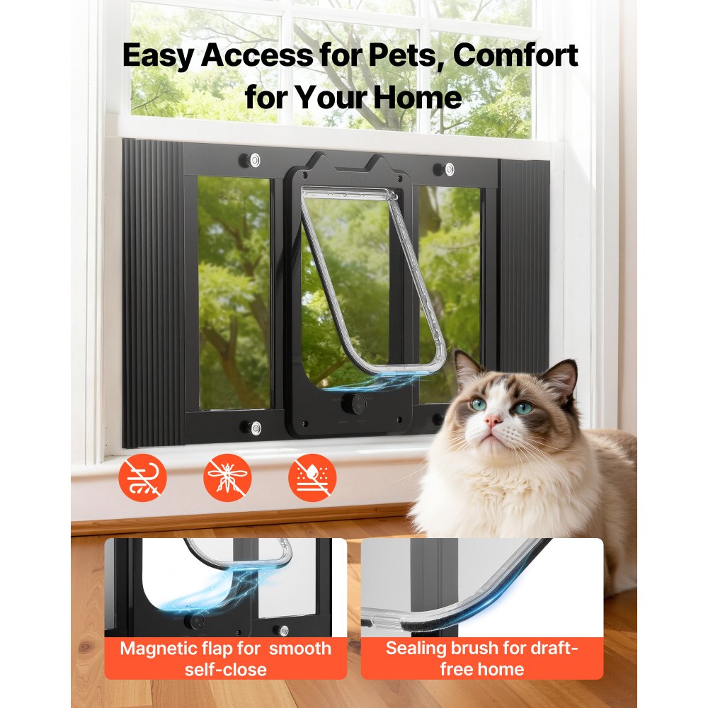 VEVOR Cat Door for Window, Adjustable to Fit Window Width 27"-32", 4 Secure Lock Modes, Aluminum Frame and High-Transparency Glass, Magnetic Closure, Weatherproof Quick-Fit Pet Door for Cats, Black