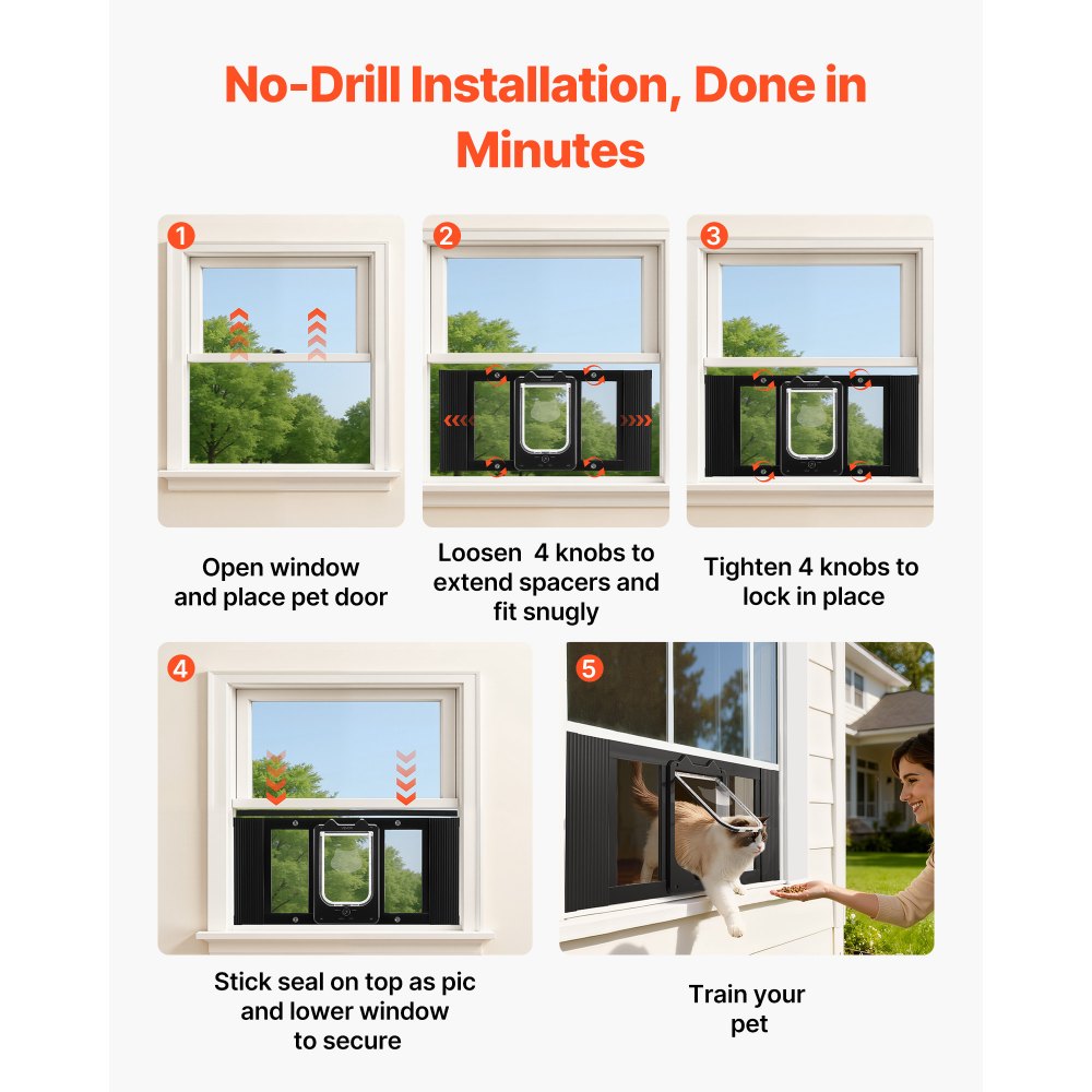 VEVOR Cat Door for Window, Adjustable to Fit Window Width 27"-32", 4 Secure Lock Modes, Aluminum Frame and High-Transparency Glass, Magnetic Closure, Weatherproof Quick-Fit Pet Door for Cats, Black