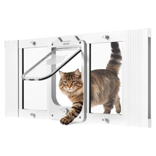 VEVOR Kattenluik/kattendeur, verstelbaar voor raambreedtes (787-914 mm), weerbestendig huisdierluik met 4 veilige vergrendelingsstanden, aluminium frame, helder glas en magnetische sluiting, wit