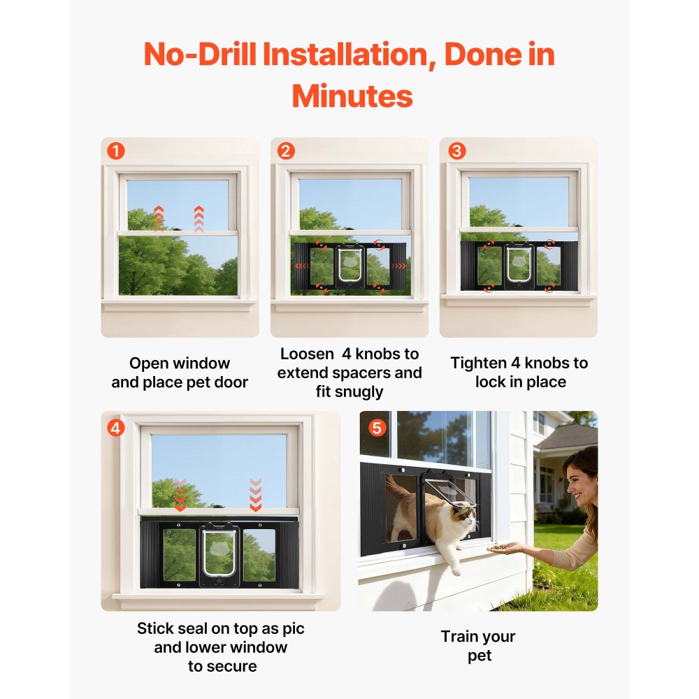 VEVOR Cat Door for Window, Adjustable to Fit Window Width 31"-36", 4 Secure Lock Modes, Aluminum Frame and High-Transparency Glass, Magnetic Closure, Weatherproof Quick-Fit Pet Door for Cats, Black