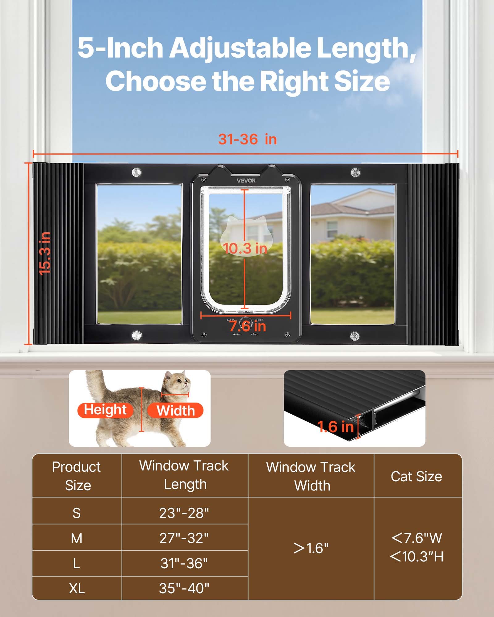 VEVOR Cat Door for Window, Adjustable to Fit Window Width 31"-36", 4 Secure Lock Modes, Aluminum Frame and High-Transparency Glass, Magnetic Closure, Weatherproof Quick-Fit Pet Door for Cats, Black