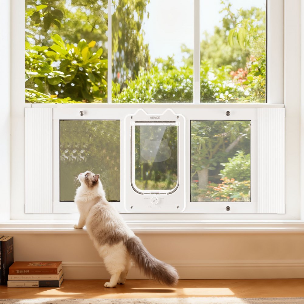VEVOR Kattenluik/kattendeur, verstelbaar voor raambreedtes (889-1016 mm), weerbestendig huisdierluik met 4 veilige vergrendelingsstanden, aluminium frame, helder glas en magnetische sluiting, wit