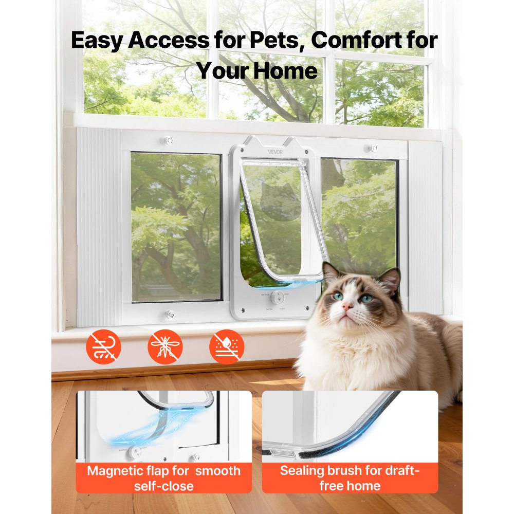 VEVOR Kattenluik/kattendeur, verstelbaar voor raambreedtes (889-1016 mm), weerbestendig huisdierluik met 4 veilige vergrendelingsstanden, aluminium frame, helder glas en magnetische sluiting, wit