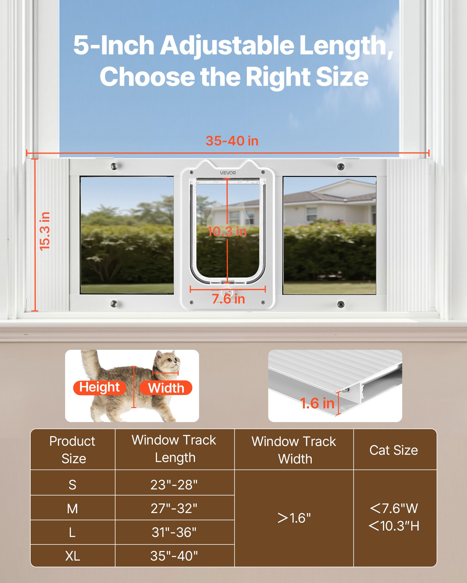 VEVOR Kattenluik/kattendeur, verstelbaar voor raambreedtes (889-1016 mm), weerbestendig huisdierluik met 4 veilige vergrendelingsstanden, aluminium frame, helder glas en magnetische sluiting, wit