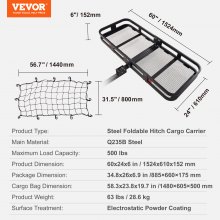 VEVOR Hitch Cargo Carrier, 60 x 24 x 6 in Folding Trailer Hitch Mounted Steel Cargo Basket, 500lb Luggage Carrier Rack with Waterproof Cargo Bag & Cargo Net, Fit 2" Hitch Receiver for SUV Truck Pickup
