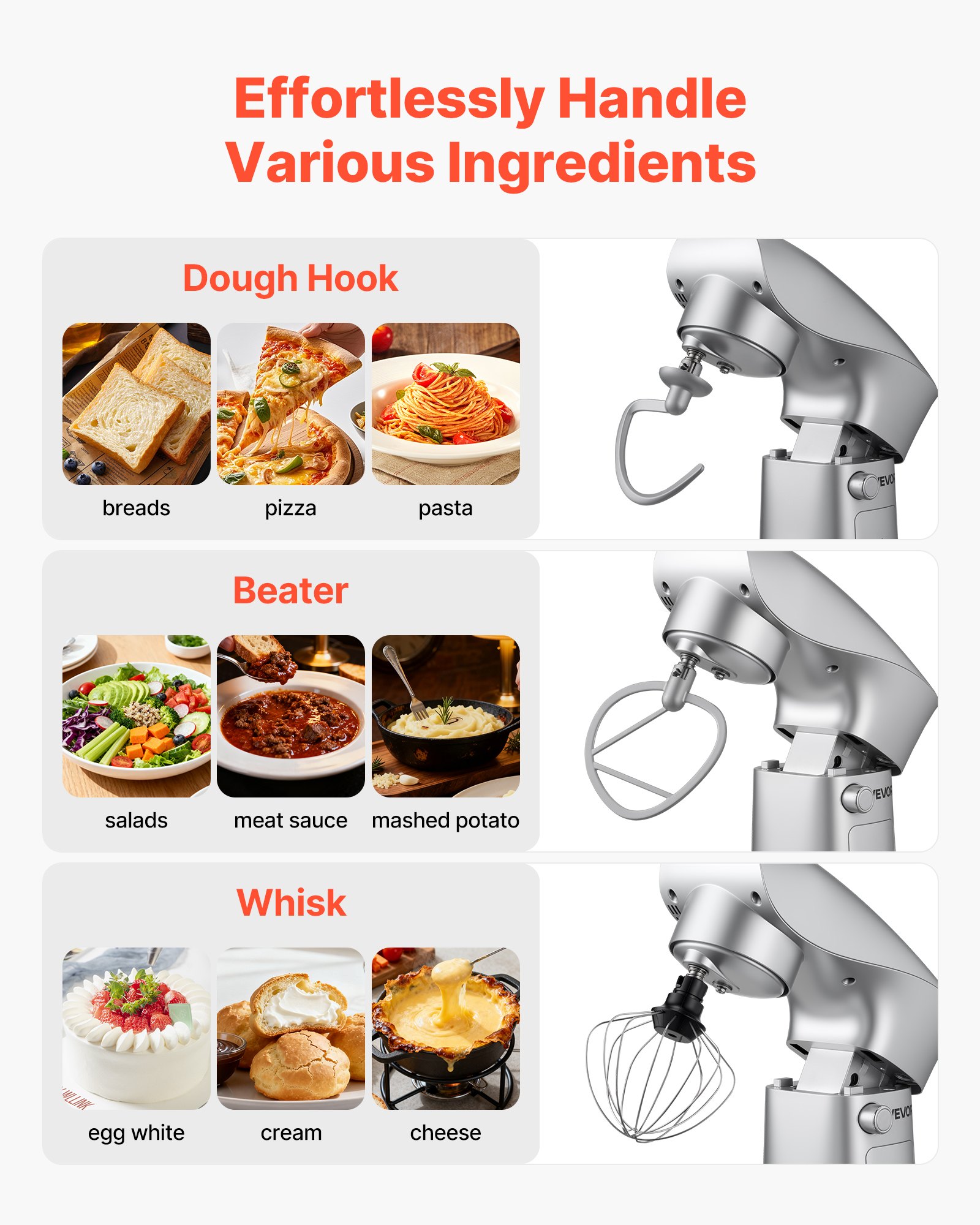 VEVOR Stand Mixer, 4.2 L Electric Kitchen Mixer, 1500W Dough-Mixer, 10 + Pulse Speeds Tilt-head Food-Mixer with Stainless Steel Bowl, Dough Hook, Whisk, Beater, for Baking, Mixing, Whipping & Kneading