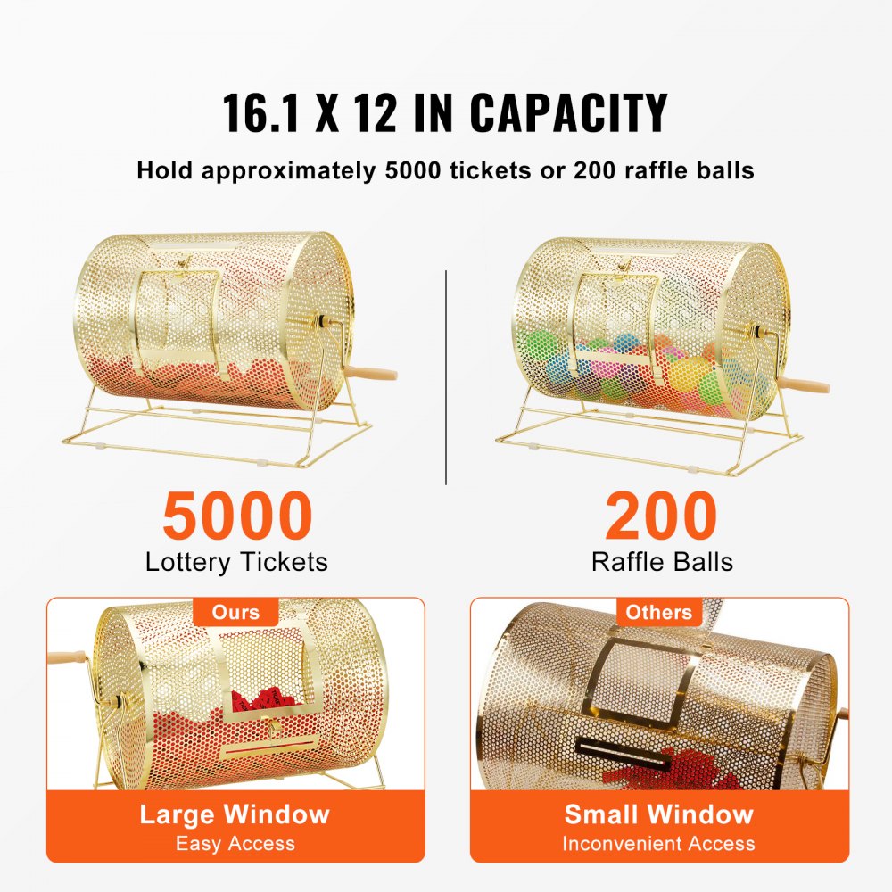 VEVOR Lottery Drum Lucky Child Capaciteit 5000 Tickets of 300 Tombola Balls, Professionele Metalen Loterij Draaitafel, Loterijdoos voor Loterijspellen Goud