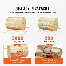 VEVOR Raffle Drum, 16.1 x Ø12 inch Brass Plated Raffle Ticket Spinning Cage, Holds 5000 Tickets or 200 Ping Pong Balls, Metal Lottery Spinning Drawing with Wooden Turning Handle, for Bingo Ballot Part