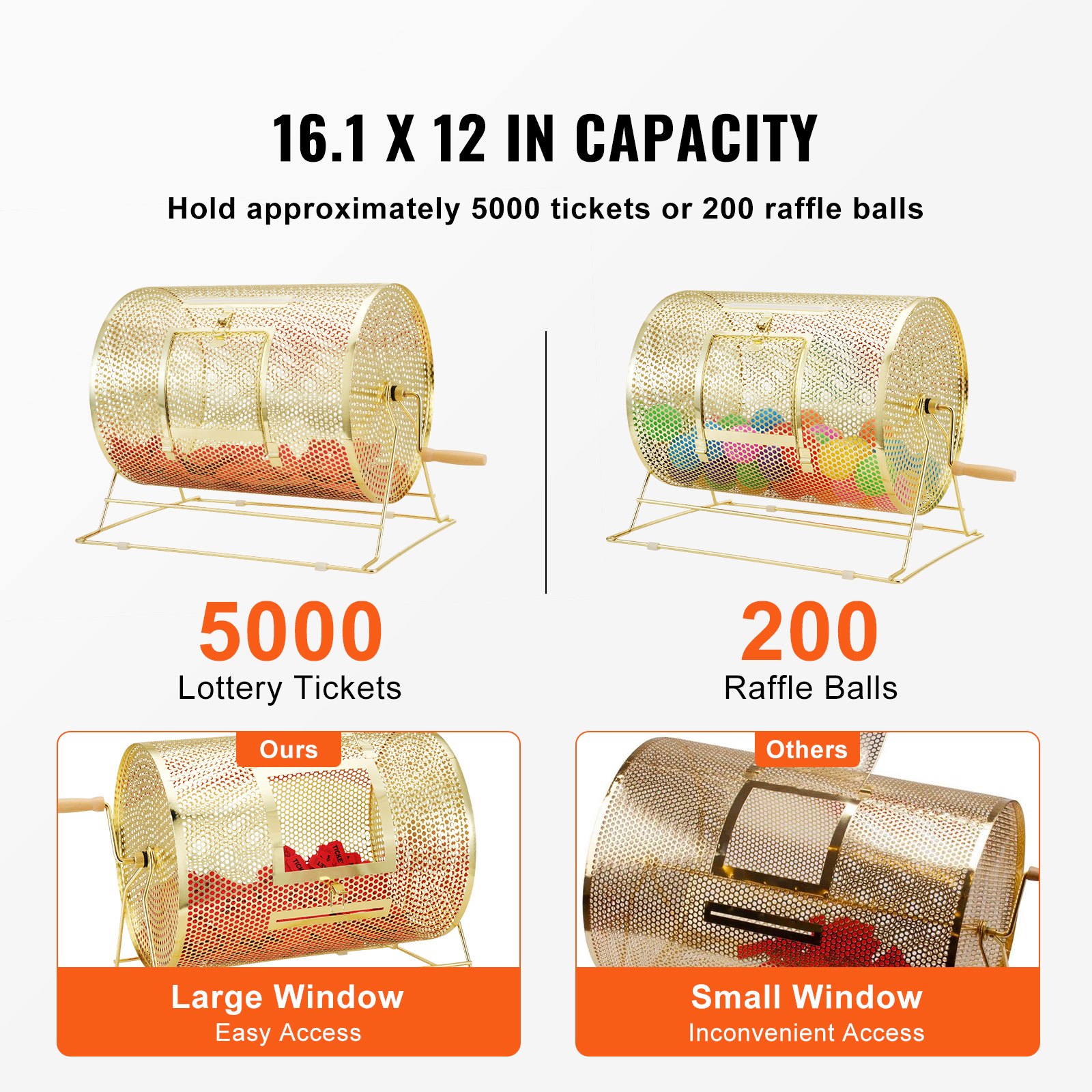 VEVOR Lottery Drum Lucky Child Capaciteit 5000 Tickets of 300 Tombola Balls, Professionele Metalen Loterij Draaitafel, Loterijdoos voor Loterijspellen Goud