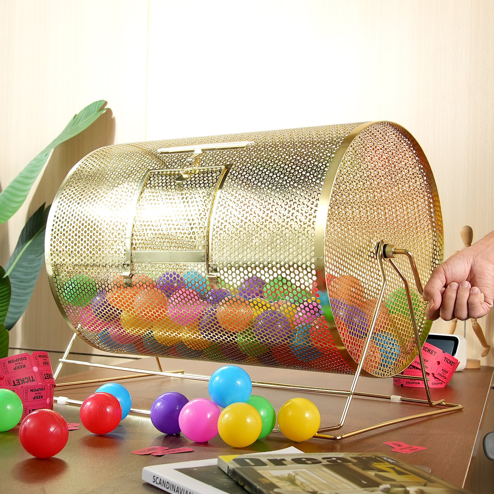 VEVOR Loterij Drum Gelukskind Capaciteit 10.000 Tickets of 300 Loterijballen, Professionele Metalen Loterij Draaitafel, Loterijdoos voor Loterijspellen Goud