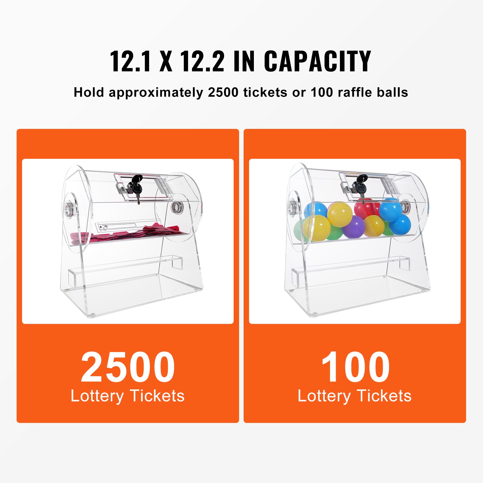 VEVOR Lottery Drum Lucky Child Capaciteit 2500 Tickets of 100 Loterijballen, Professionele Tickets Draaitafelkooi met 2 Sleutels, Transparante Loterij Draaitafel, Tickets Box voor Loterijspellen