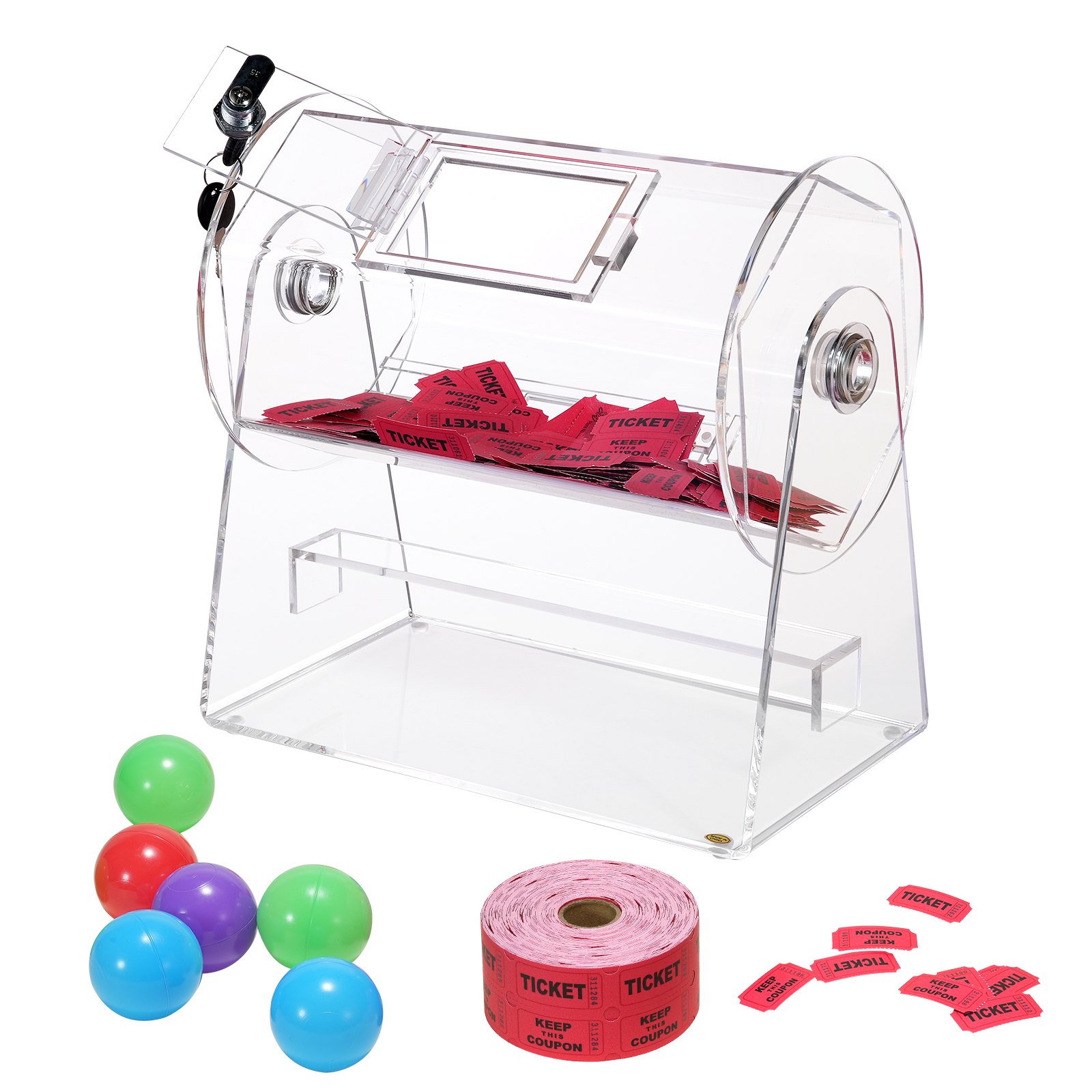 VEVOR Lottery Drum Lucky Child Capaciteit 2500 Tickets of 100 Loterijballen, Professionele Tickets Draaitafelkooi met 2 Sleutels, Transparante Loterij Draaitafel, Tickets Box voor Loterijspellen