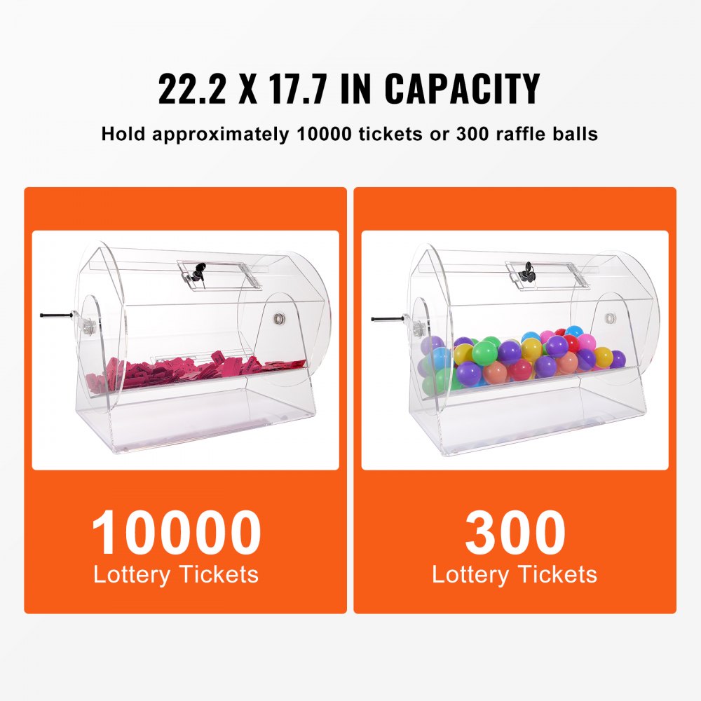 VEVOR Loterij Drum Gelukskind Capaciteit 10.000 Tickets of 300 Loterijballen, Professionele Ticket Draaikooi met 2 Sleutels, Transparante Loterij Draaitafel, Ticketdoos voor Loterijspellen