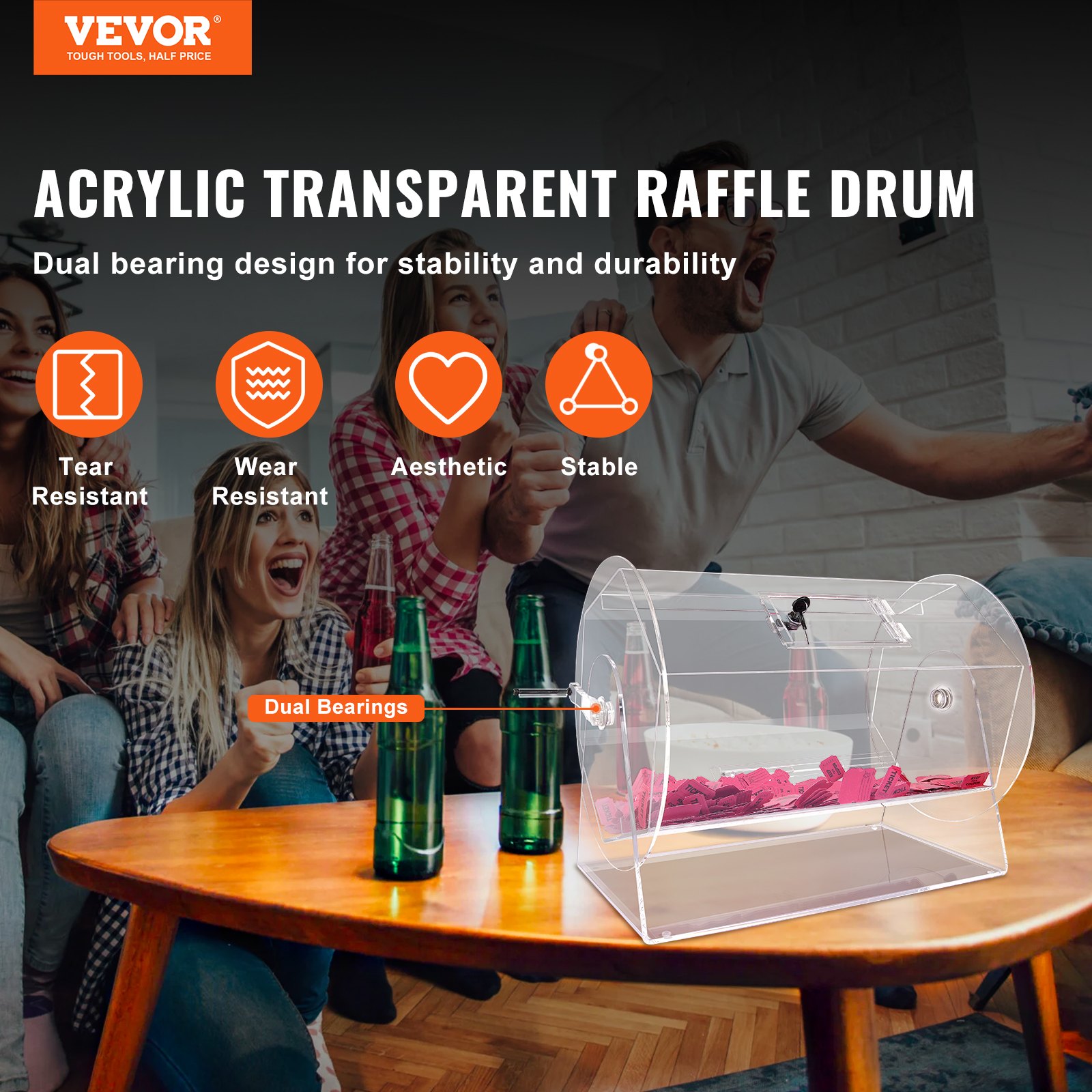 VEVOR Loterij Drum Gelukskind Capaciteit 10.000 Tickets of 300 Loterijballen, Professionele Ticket Draaikooi met 2 Sleutels, Transparante Loterij Draaitafel, Ticketdoos voor Loterijspellen