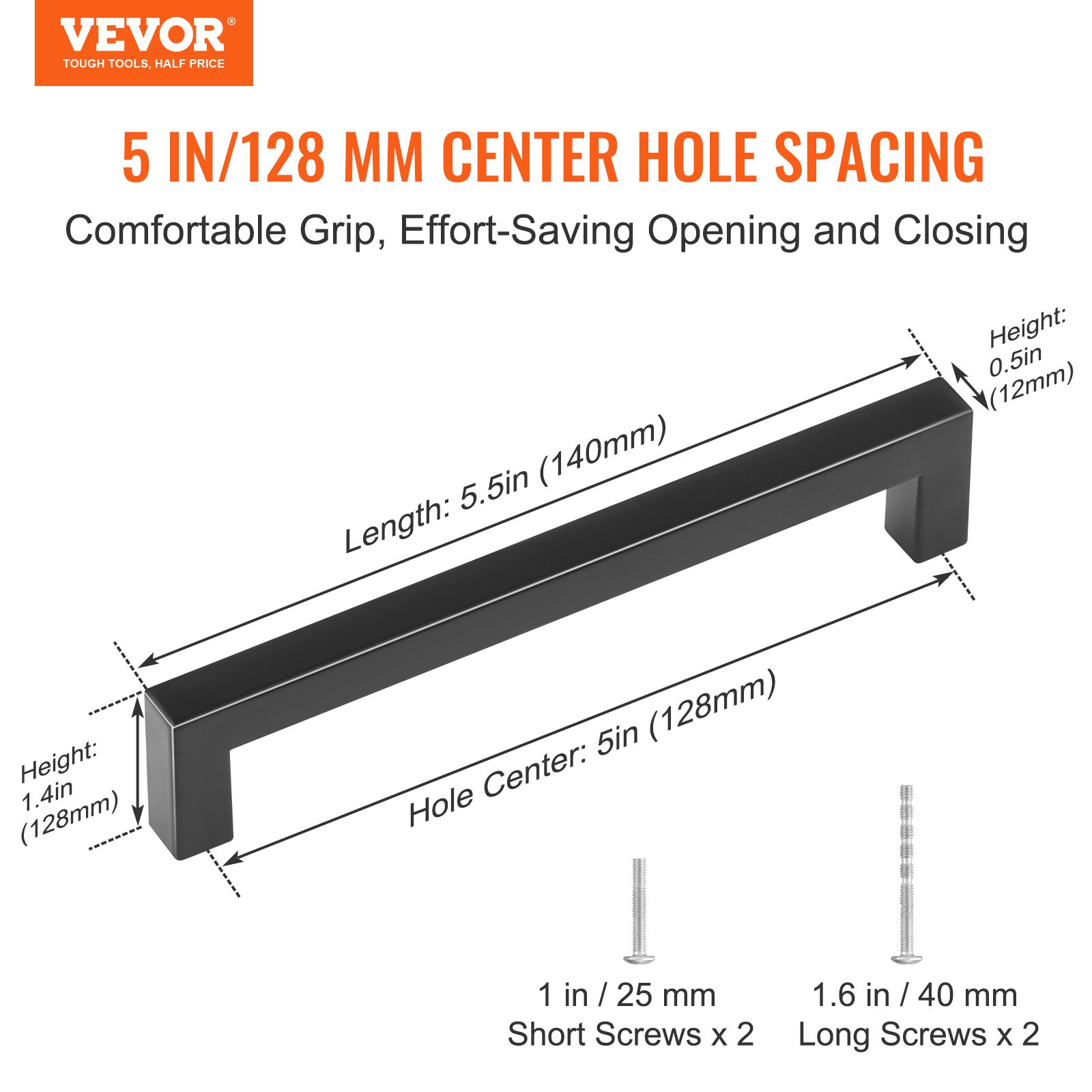 VEVOR Set van 10 meubelgrepen, roestvrijstalen stanggrepen, 140 x 12 x 35 mm, keukengrepen, hartafstand 128 mm, kastgrepen, dikte van de kastpanelen van 1,52 tot 2 cm of 1,27 tot 4 cm, deurklinken, ladegrepen
