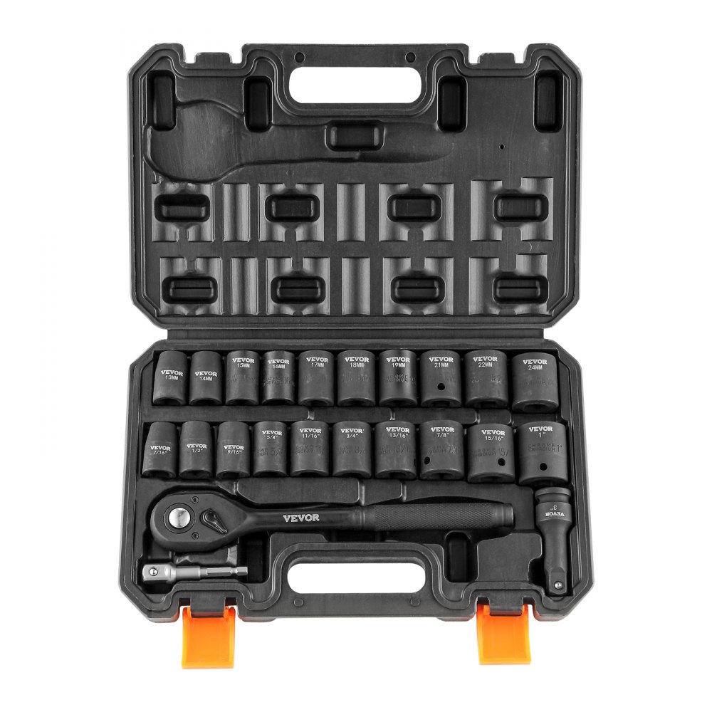 VEVOR professional socket wrench set CR-V alloy steel 23-piece socket wrench set 13-24 mm deep sockets impact wrench, HRC 42-48 socket wrench incl. tool case, metric screw extractor