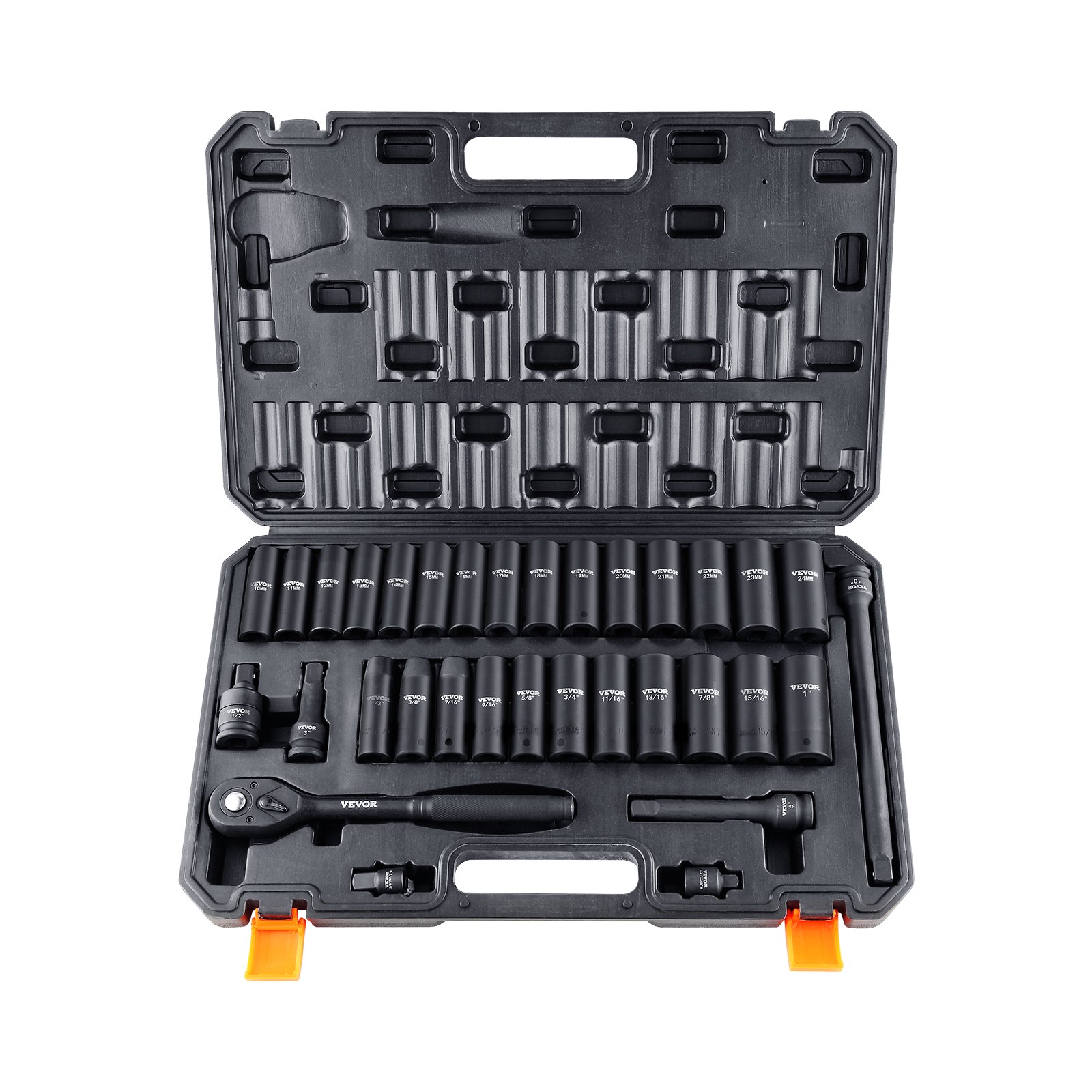 VEVOR 1/2 inch dopsleutelset CR-V gelegeerd staal 33-delige dopsleutelset 10-24 mm diepe doppen slagmoersleutel, HRC 42-48 dopsleutel inclusief gereedschapskoffer, metrische schroefverwijderaar
