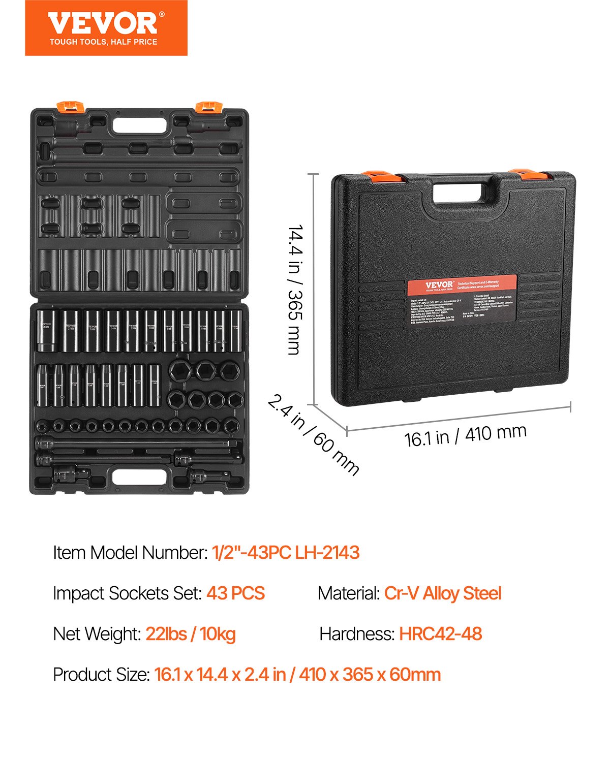 VEVOR 1/2-inch slagdoppenset, 43-delige slagdoppen, doppenassortiment, 1/2-inch aandrijving, doppenset, 6-punts doppen, metrisch, 9-30 mm (standaard/diep)