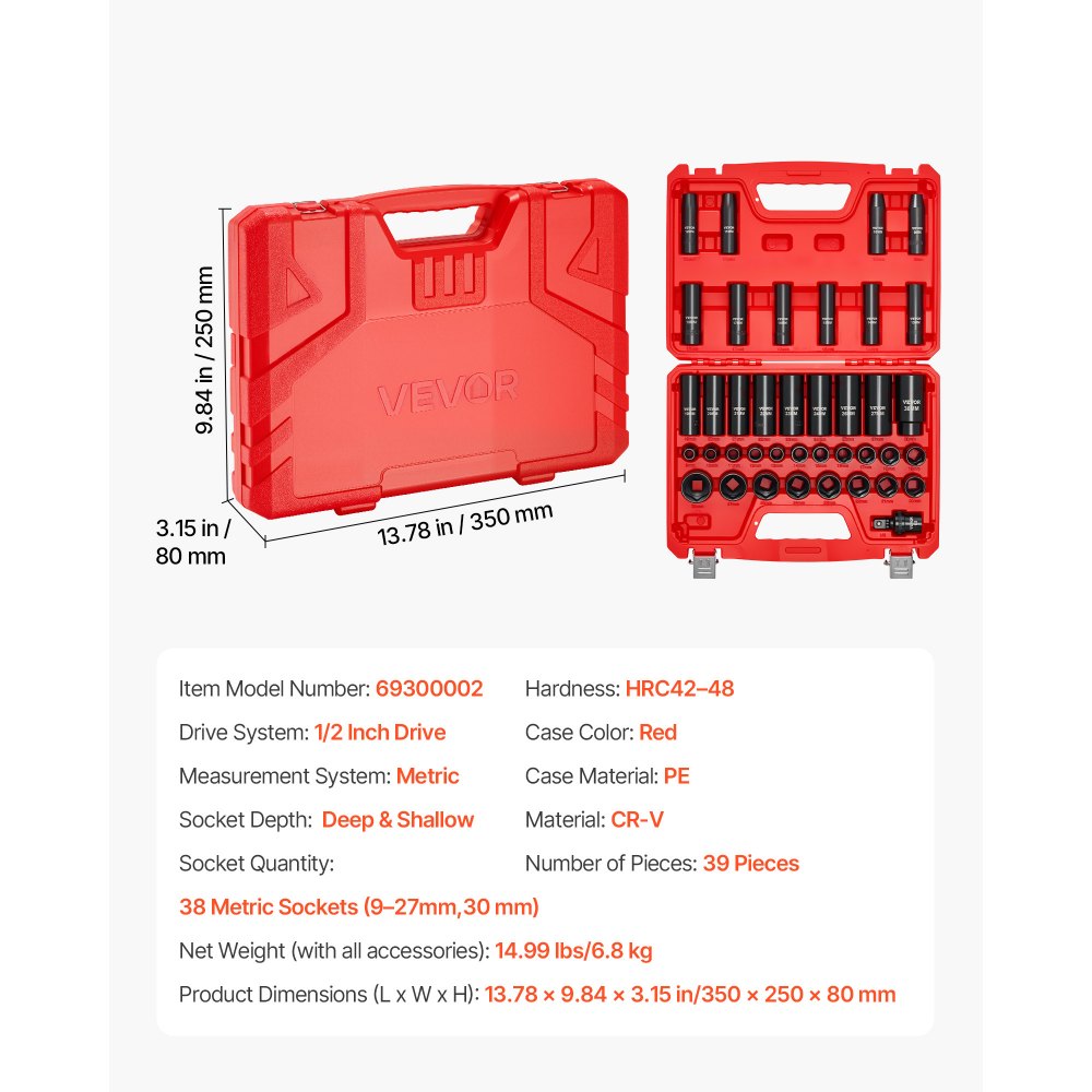 VEVOR 1/2 in Drive Impact Socket Set, 39 Piece, 6 Point Deep & Shallow Impact Sockets, Metric 9 to 30 mm, Cr-V Steel High Durability, with Universal Joint, Dual Size Markings, Heavy Duty Carrying Case
