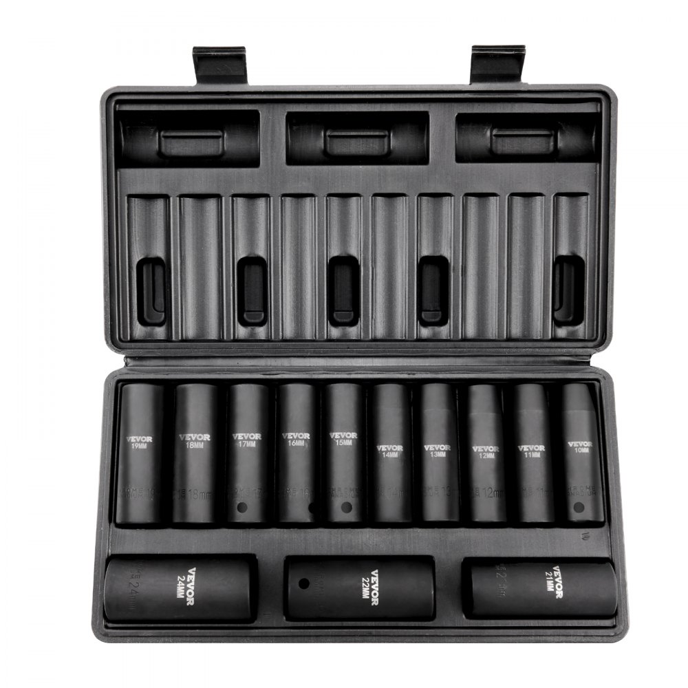 VEVOR professional socket wrench set CR-V alloy steel 13-piece socket wrench set 10-24 mm deep sockets impact wrench, HRC 42-48 socket wrench including tool case, metric screw extractor