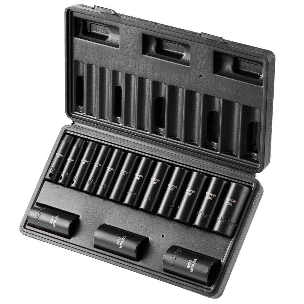 VEVOR 3/8-inch slagdoppenset, 15-delige diepe doppenset metrisch 8-22 mm, 6-punts Cr-Mo-gelegeerd staal voor autoreparaties, inclusief gereedschapskoffer