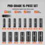 VEVOR 3/8-inch slagdoppenset, 15-delige diepe doppenset metrisch 8-22 mm, 6-punts Cr-Mo-gelegeerd staal voor autoreparaties, inclusief gereedschapskoffer