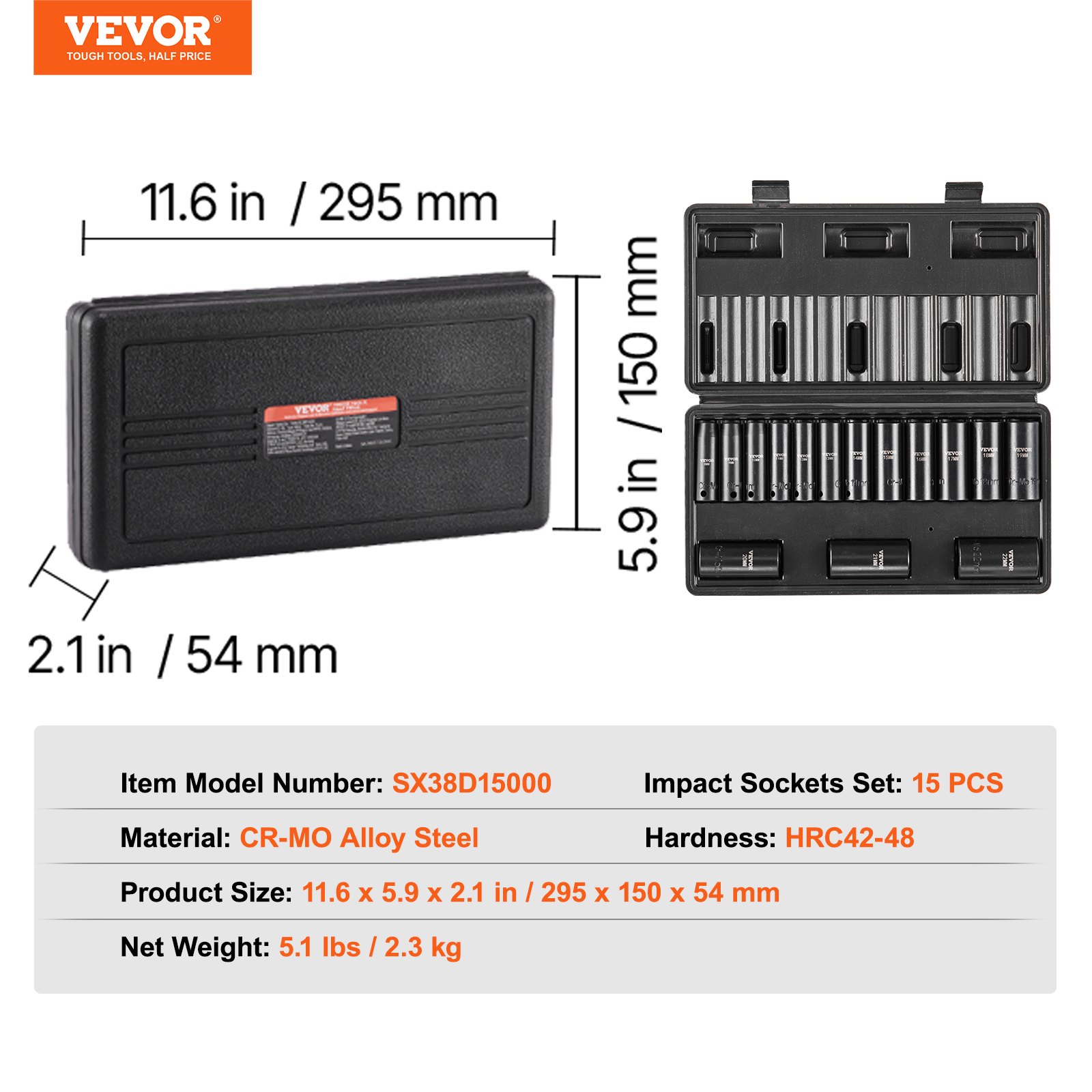 VEVOR 3/8-inch slagdoppenset, 15-delige diepe doppenset metrisch 8-22 mm, 6-punts Cr-Mo-gelegeerd staal voor autoreparaties, inclusief gereedschapskoffer