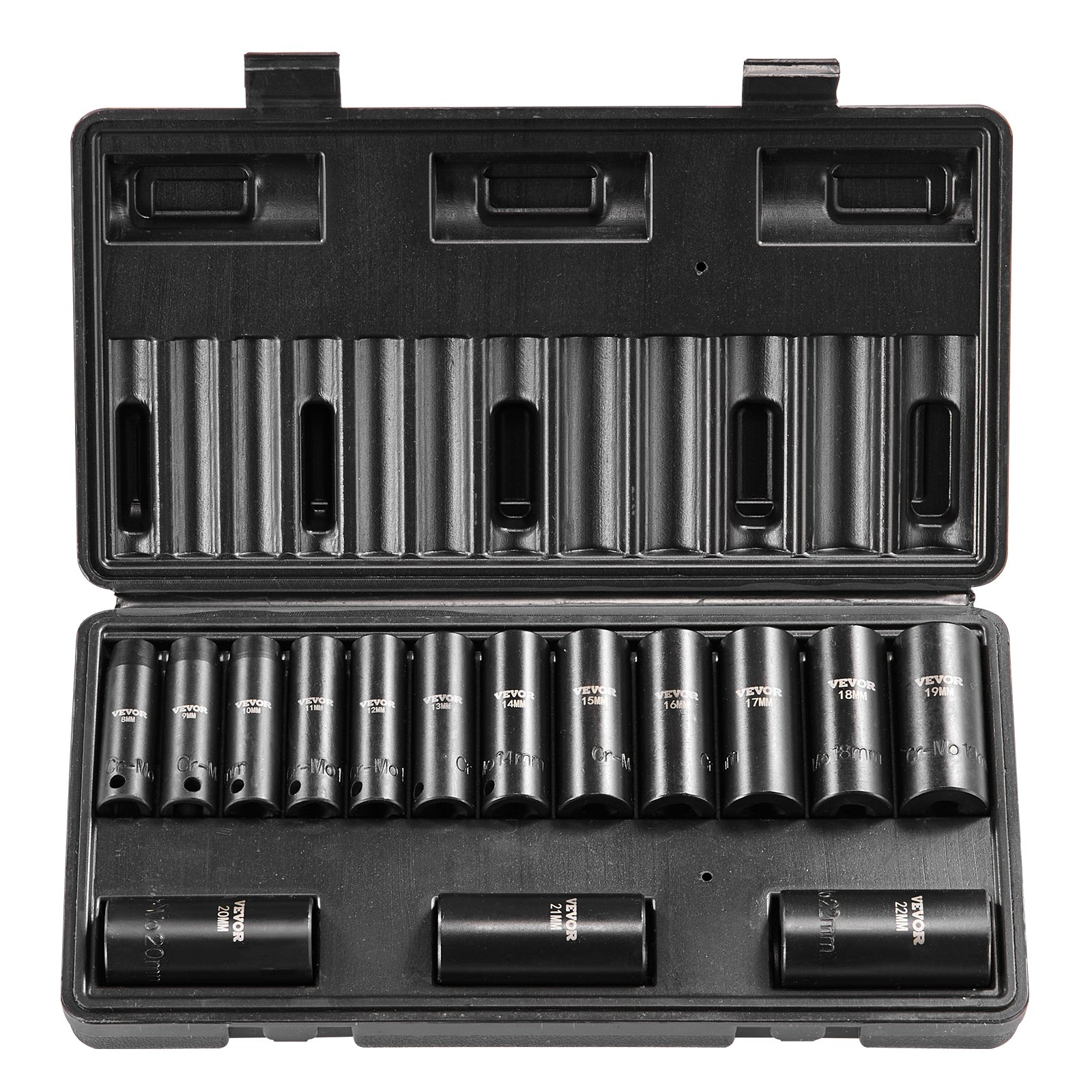 VEVOR 3/8-inch slagdoppenset, 15-delige diepe doppenset metrisch 8-22 mm, 6-punts Cr-Mo-gelegeerd staal voor autoreparaties, inclusief gereedschapskoffer