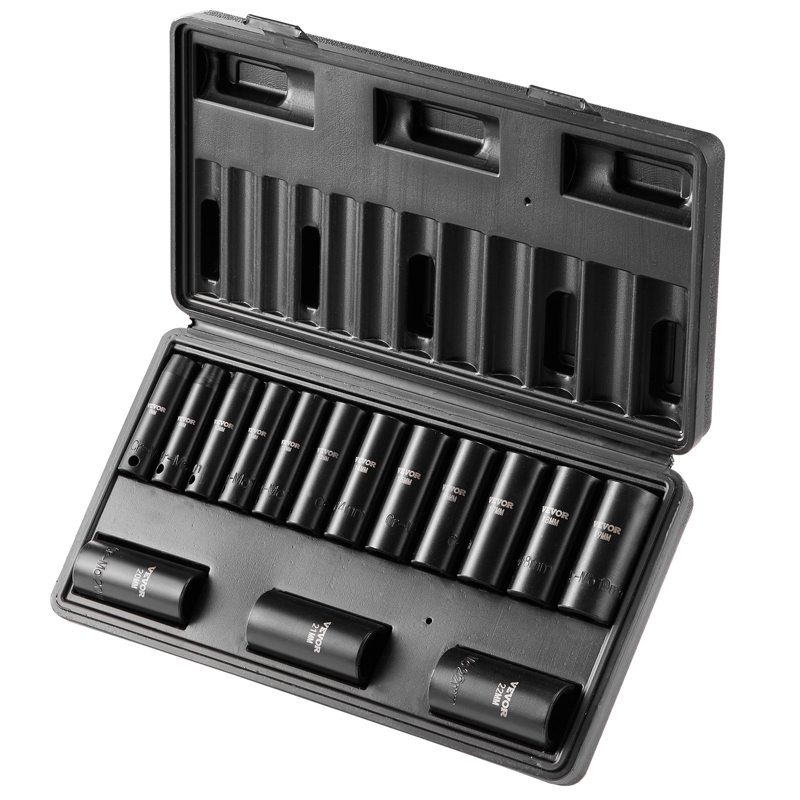 VEVOR 3/8-inch slagdoppenset, 15-delige diepe doppenset metrisch 8-22 mm, 6-punts Cr-Mo-gelegeerd staal voor autoreparaties, inclusief gereedschapskoffer