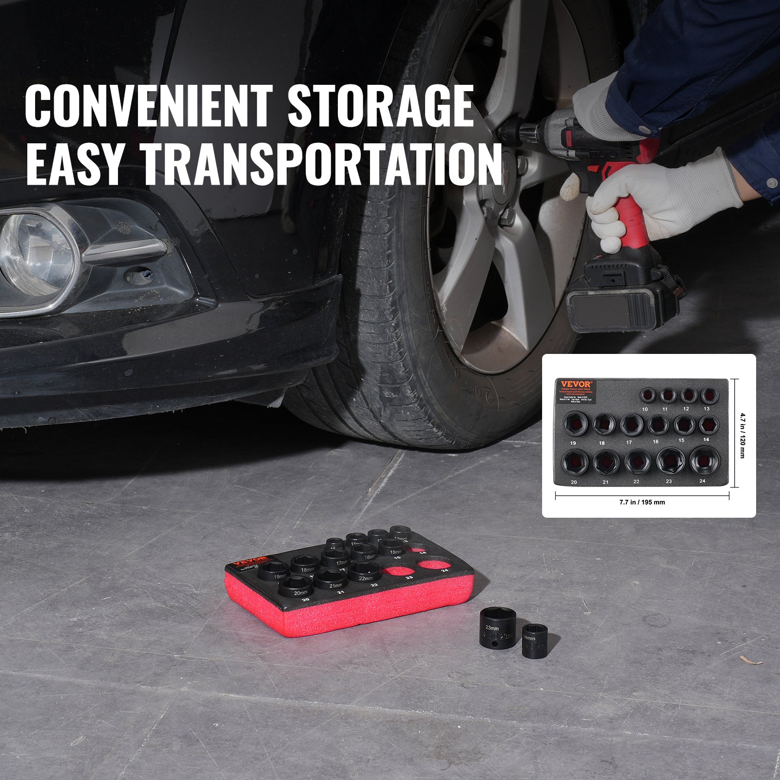 VEVOR slagdoppenset 9,5 mm aandrijving, 15-delige metrische doppenset 10-24 mm, Cr-Mo gelegeerd staal voor autoreparatie, gemakkelijk leesbare maatmarkeringen, robuuste constructie