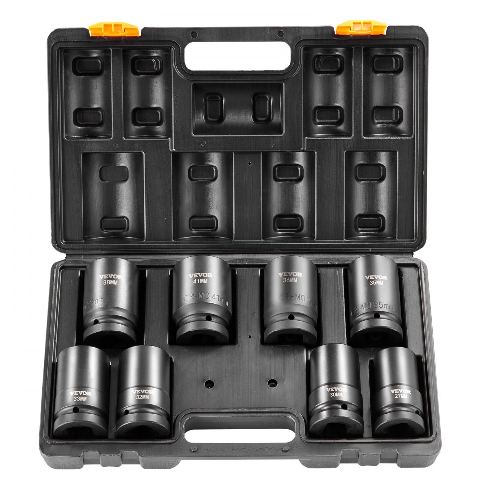 VEVOR 1-inch slagdoppenset, 8-delige diepe doppenset metrisch 27-41 mm, 6-punts Cr-Mo-gelegeerd staal voor autoreparaties, inclusief gereedschapskoffer
