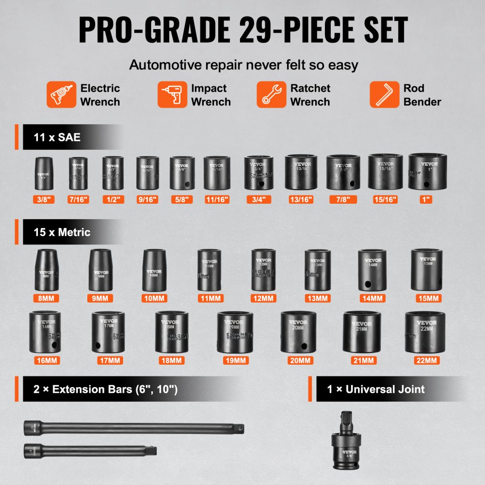 VEVOR 3/8" Drive Impact Socket Set, 29 Piece Shallow Socket Set SAE 3/8"-1" and Metric 8-22mm, 6 Point CR-V Alloy Steel for Auto Repair, Easy-to-Read Size Markings, Rugged Construction, Storage Case
