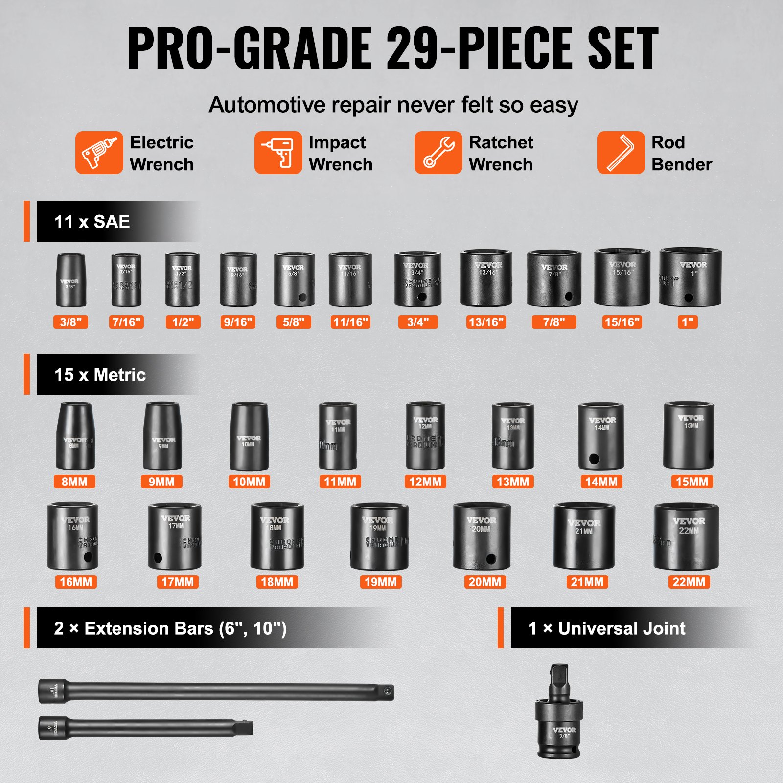 VEVOR 3/8" Drive Impact Socket Set, 29 Piece Shallow Socket Set SAE 3/8"-1" and Metric 8-22mm, 6 Point CR-V Alloy Steel for Auto Repair, Easy-to-Read Size Markings, Rugged Construction, Storage Case