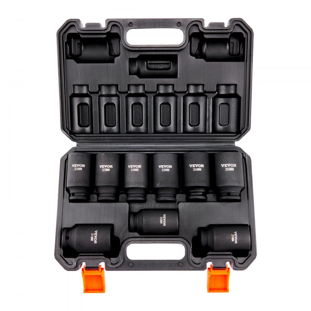 VEVOR 1/2 inch dopsleutelset CR-V gelegeerd staal 9-delige dopsleutelset 29-38 mm diepe doppen slagmoersleutel, HRC 42-48 dopsleutel inclusief gereedschapskoffer, metrische schroefverwijderaar