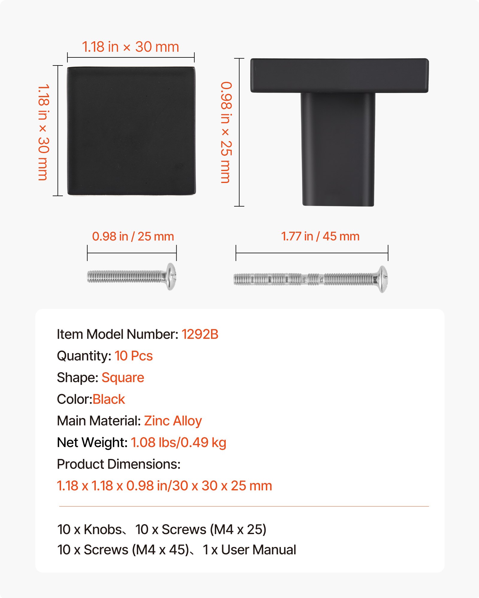 VEVOR meubelknoppen, 10 stuks, 1,25 inch zwarte zinklegering kastknoppen, vierkante massieve keukenknoppen, ladeknoppen met schroeven voor badkamer, kasten, laden, keuken