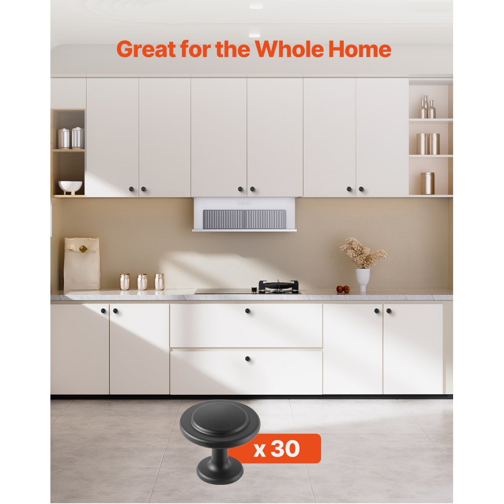 VEVOR meubelknoppen, 30 stuks, 31 mm, kastknoppen van zwarte zinklegering, massieve keukenknoppen, ladeknoppen, knop met schroeven voor badkamer, kasten, laden, keuken