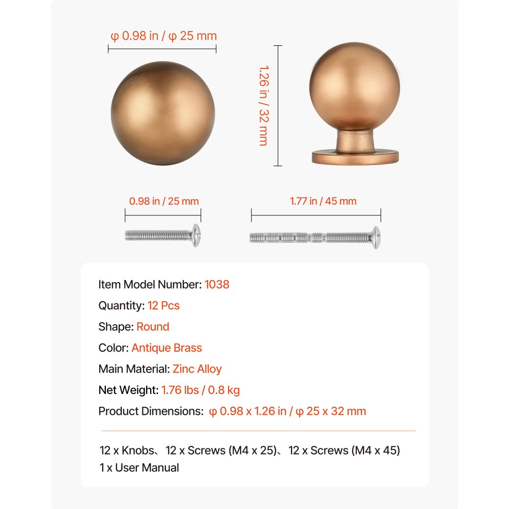 VEVOR Cabinet Knobs, 12 Pack, 0.98 Inch Zinc Alloy Drawer Pulls Door Handles, Round Kitchen Dresser Solid Knobs Cupboard Hardware with Screws for Bathroom Closet Cabinets Drawers, Antique Brass Color