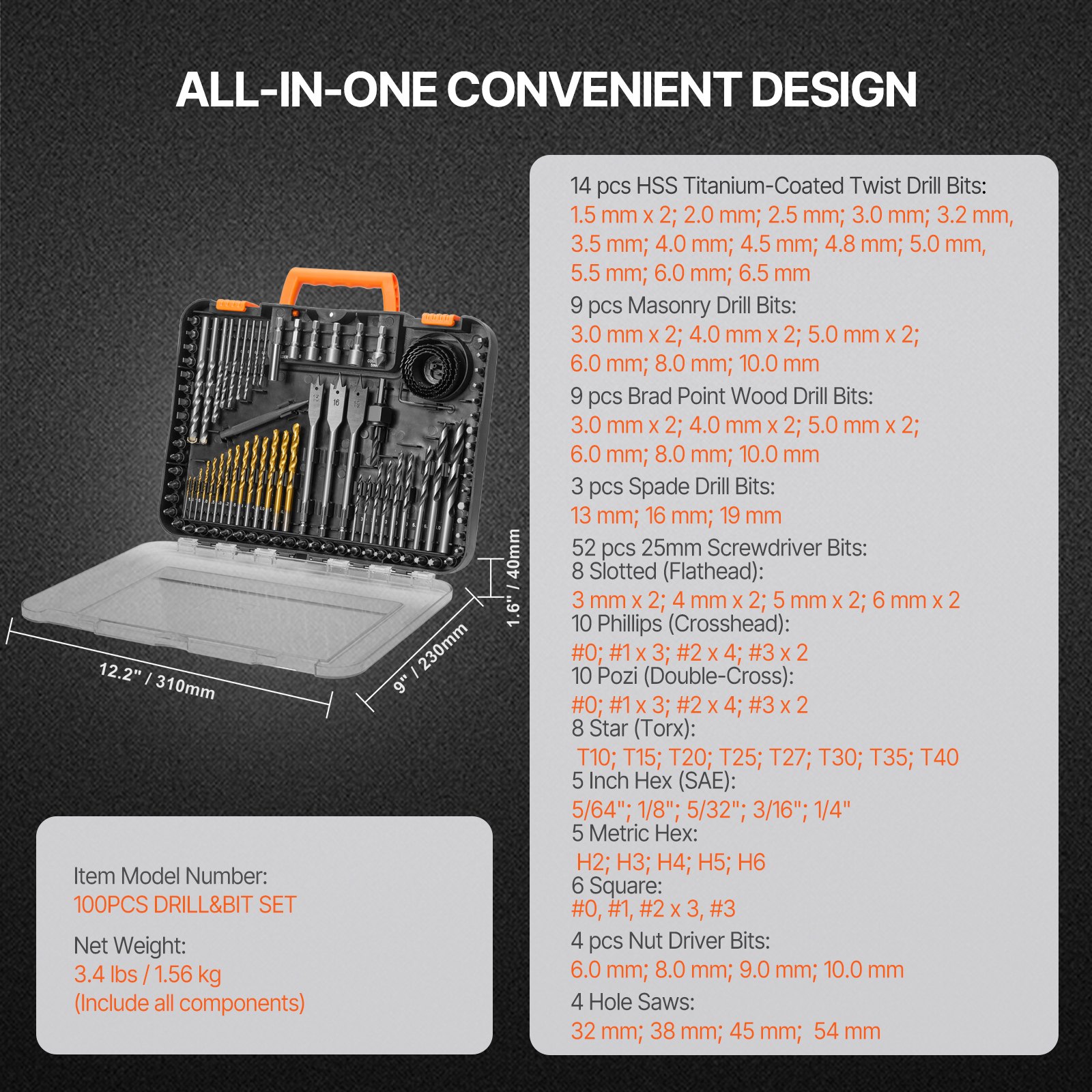 VEVOR boorset, 100-delig, schroevendraaierbitset, schroevendraaierbitset geschikt voor boren en schroeven in hout, metaal en cement, boorsets combinatieset gesorteerd in een overzichtelijke draagtas